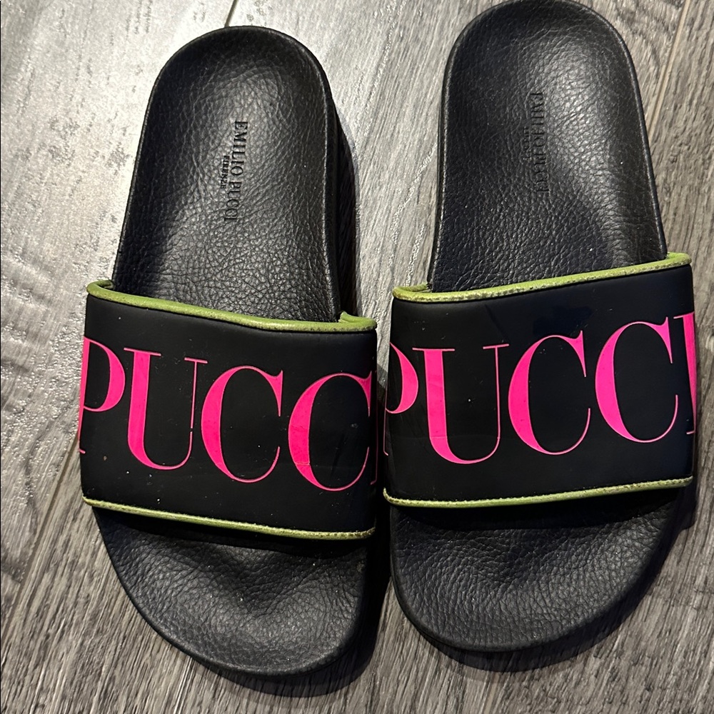 Emilio Pucci Black Slides with Pink Logo